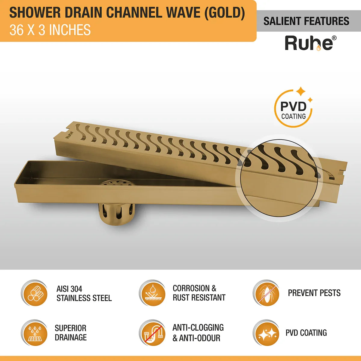 Wave Shower Drain Channel (36 x 3 Inches) YELLOW GOLD features