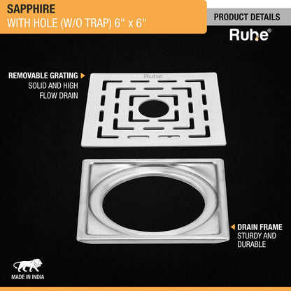 Sapphire Square 304-Grade Floor Drain with Hole (6 x 6 Inches) - by Ruhe