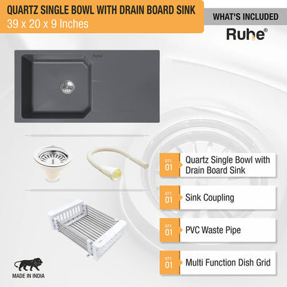 Quartz Single Bowl with Drainboard Kitchen Sink (39 x 20 x 9 Inches)