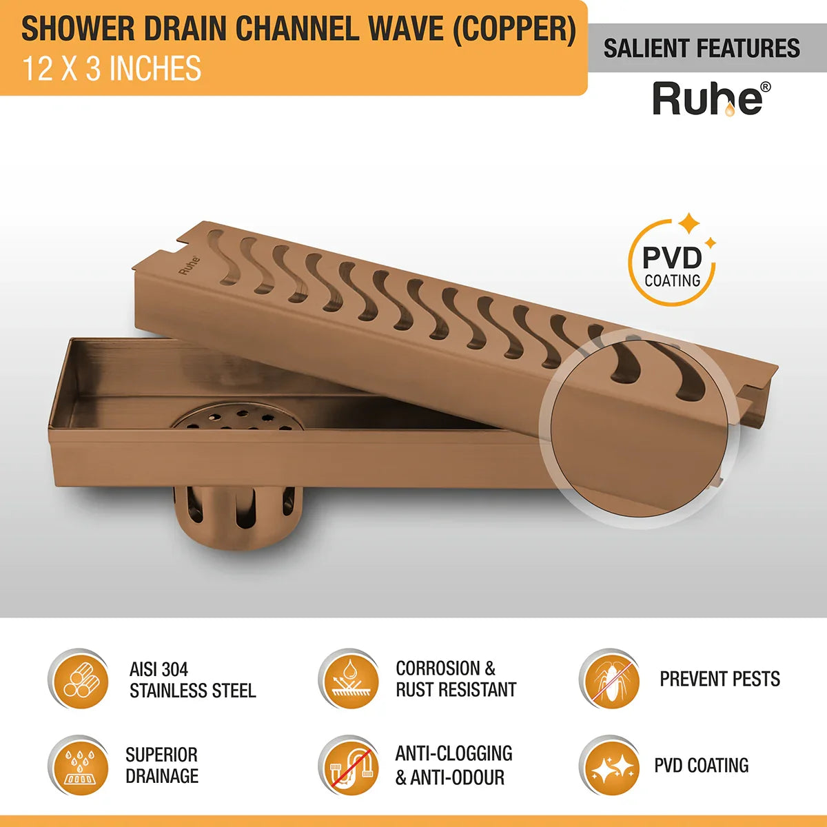 Wave Shower Drain Channel (12 x 3 Inches) Antique Copper PVD Coated - by Ruhe
