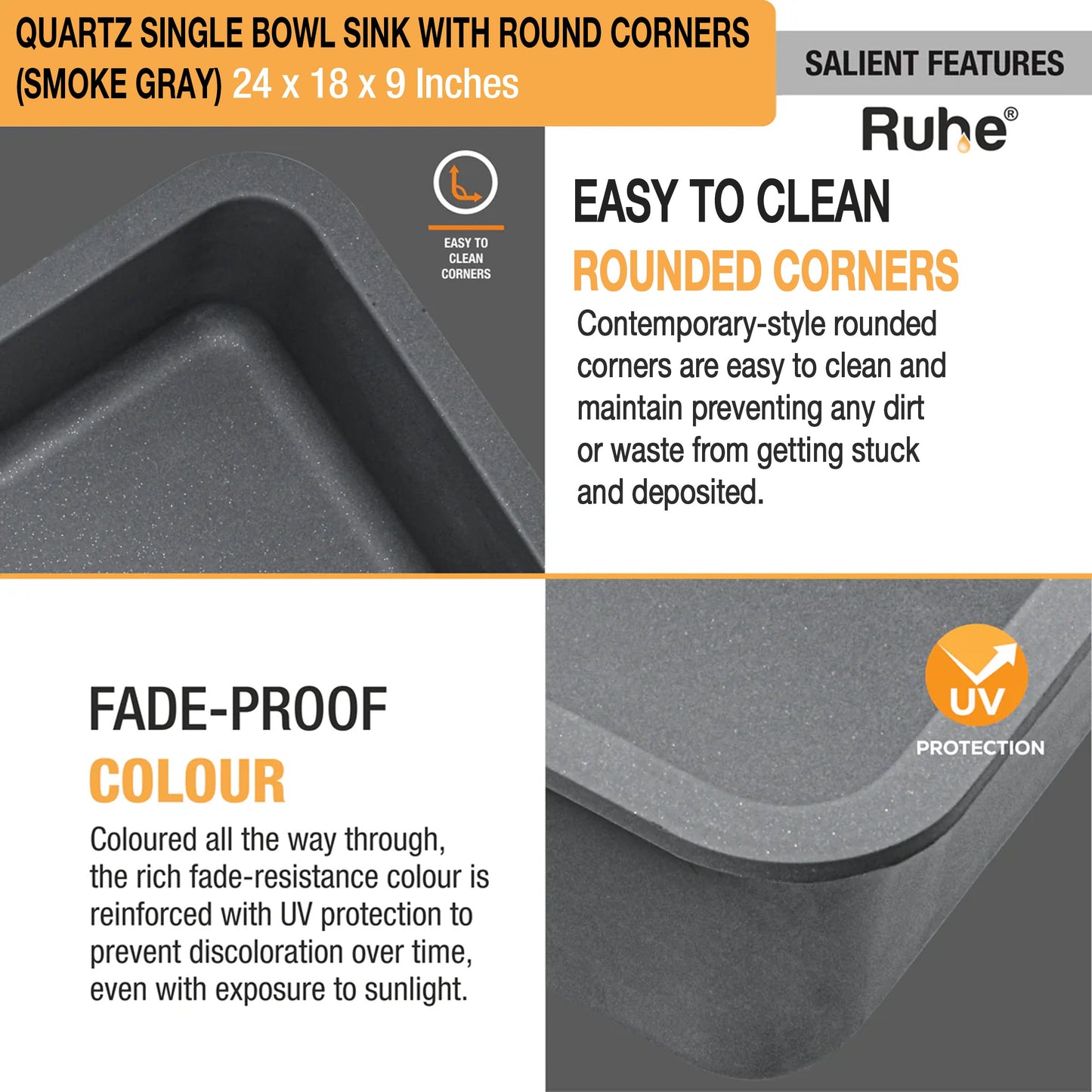 Quartz Single Bowl Round Kitchen Sink (24 x 18 x 9 Inches)