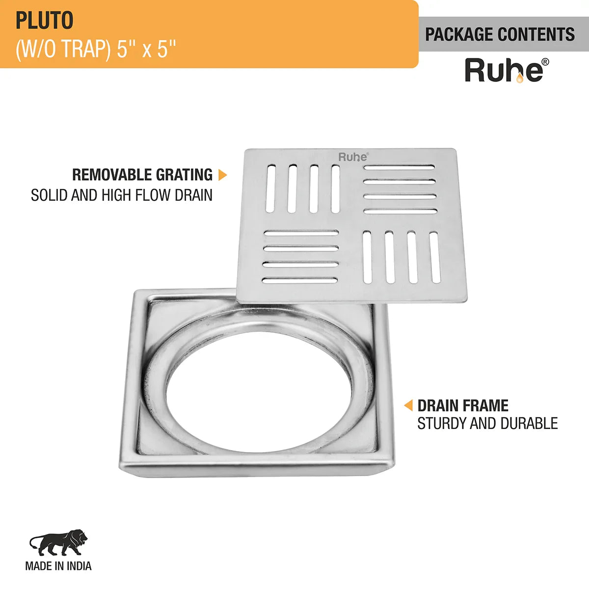 Pluto Square Premium Floor Drain (5 x 5 Inches) - by Ruhe