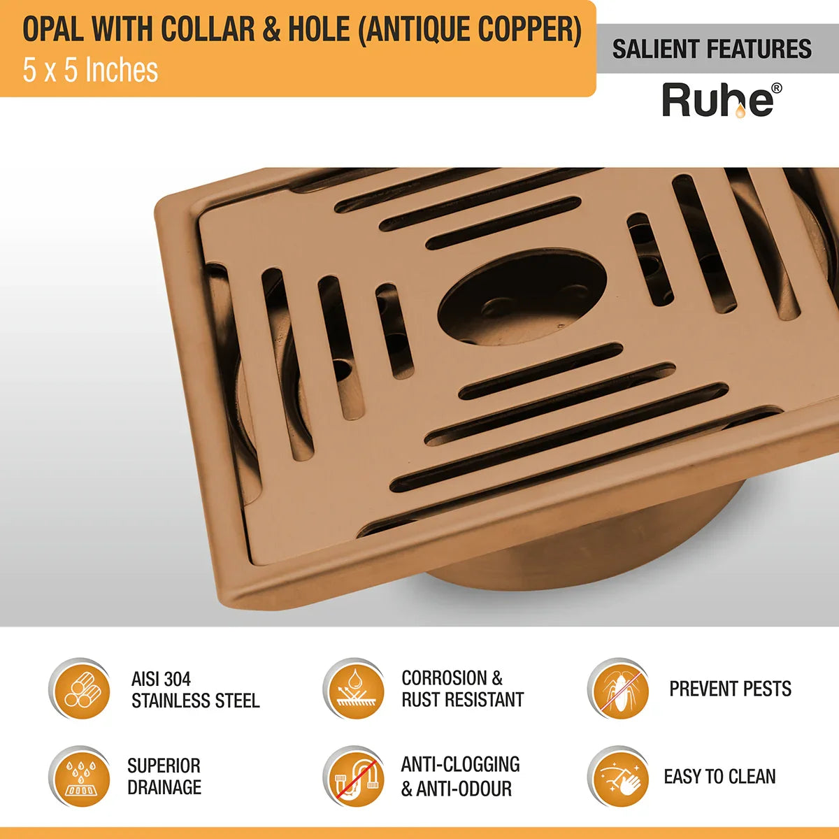 Opal Square Flat Cut Floor Drain in Antique Copper PVD Coating (5 x 5 Inches) with Hole - by Ruhe