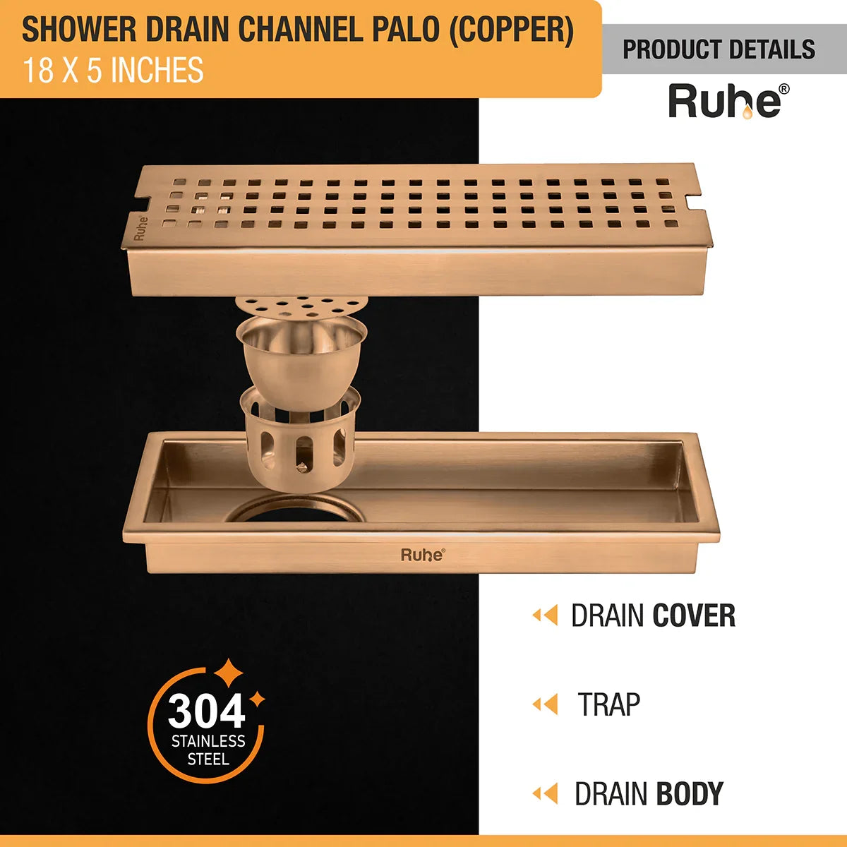 Palo Shower Drain Channel (18 x 5 Inches) Antique Copper PVD Coated - by Ruhe