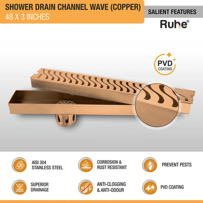 Wave Shower Drain Channel (48 x 3 Inches) Antique Copper PVD Coated - by Ruhe