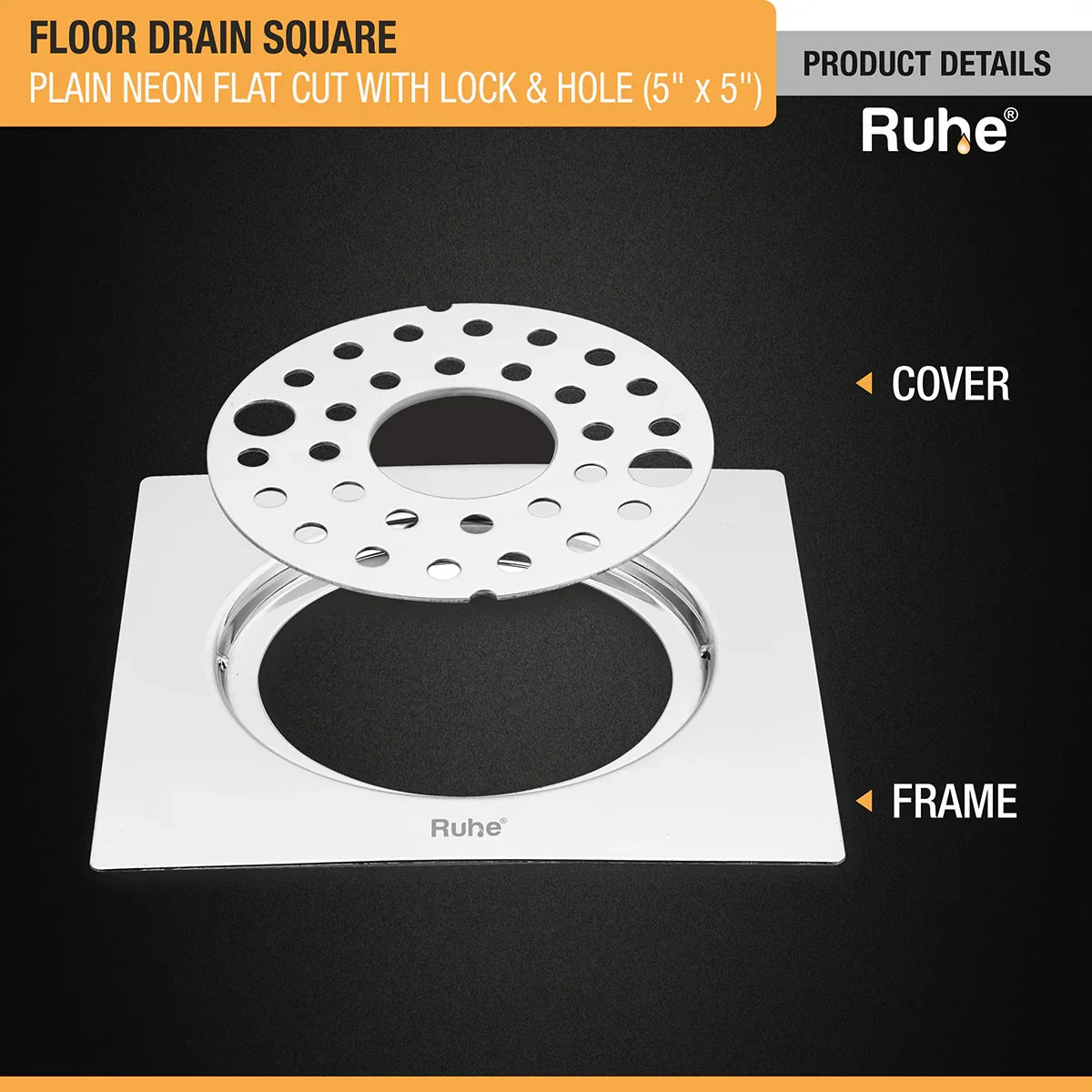 Plain Neon Square Flat Cut Floor Drain (5 x 5 inches) with Lock and Hole product details