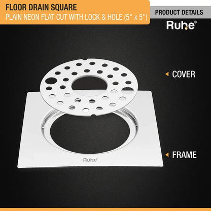 Plain Neon Square Flat Cut Floor Drain (5 x 5 inches) with Lock and Hole product details