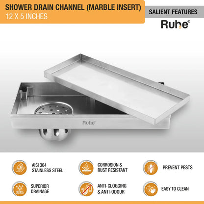 Marble Insert Shower Drain Channel (12 x 5 Inches) with Cockroach Trap (304 Grade) features