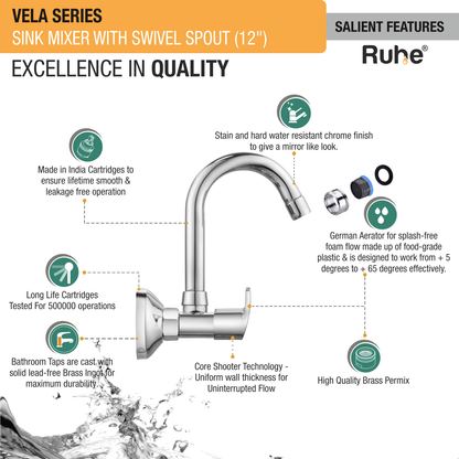 Vela Wall Mount Kitchen Sink Mixer Tap with Swivel Spout