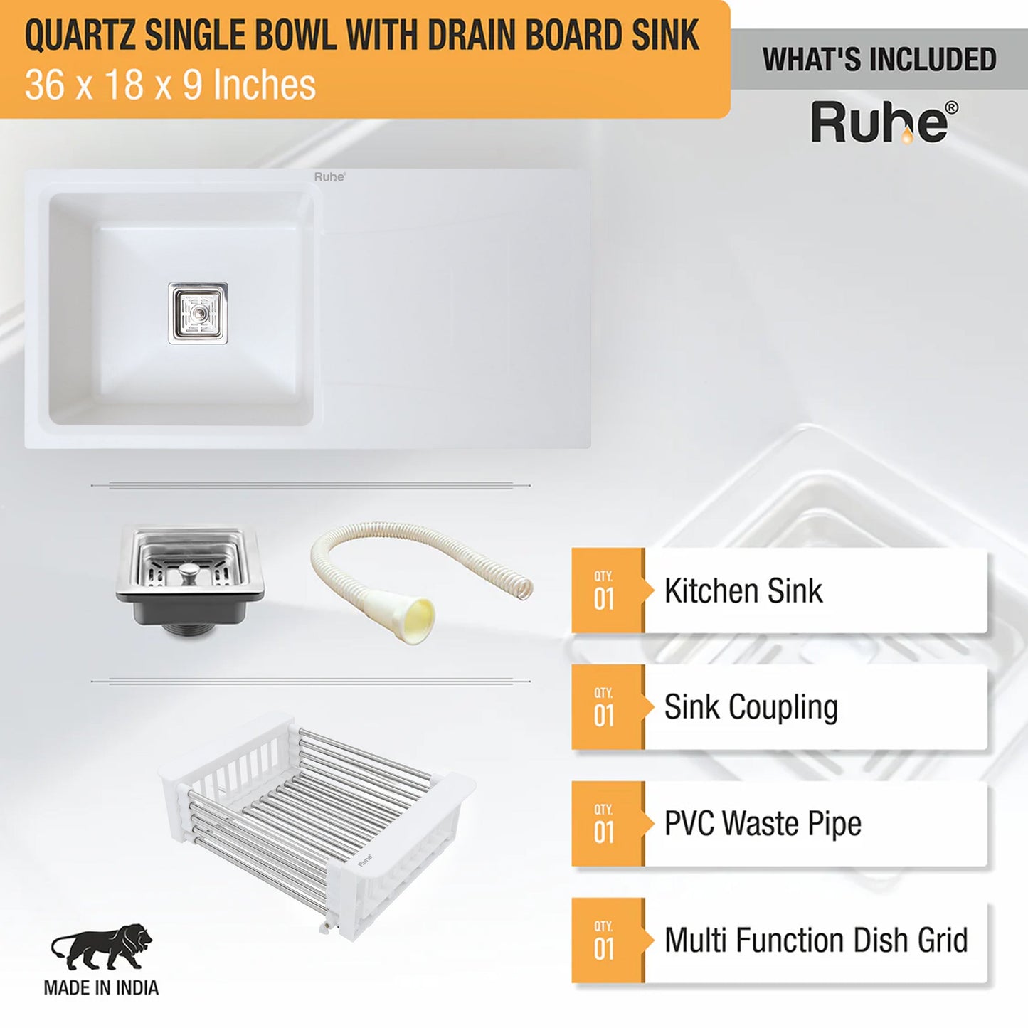 Quartz Single Bowl with Drainboard Kitchen Sink Coloured (36 x 18 x 9 Inches)