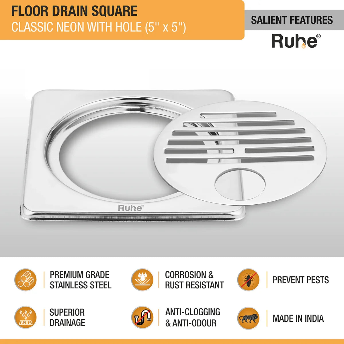 Classic Neon with Collar Square Floor Drain (5 x 5 Inches) with Hole features