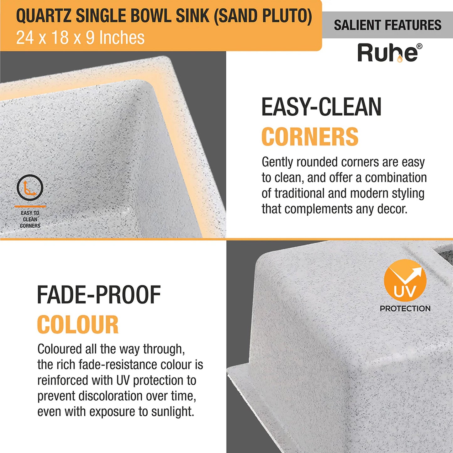 Sand Pluto Quartz Single Bowl Kitchen Sink (24 x 18 x 9 Inches) (Features)
