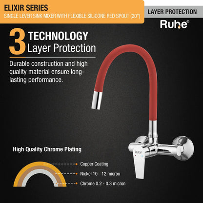 Elixir Single Lever Wall-mount Kitchen Sink Mixer Tap with Red Silicone Spout - by Ruhe