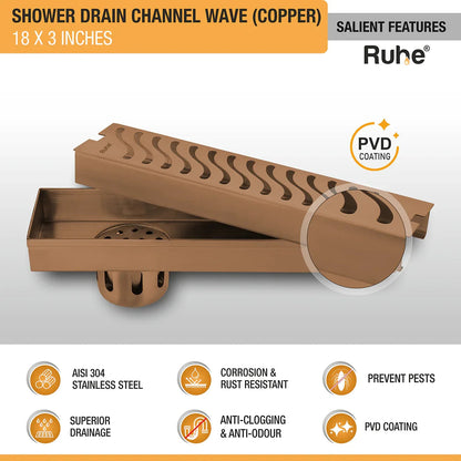 Wave Shower Drain Channel (18 x 3 Inches) Antique Copper PVD Coated - by Ruhe