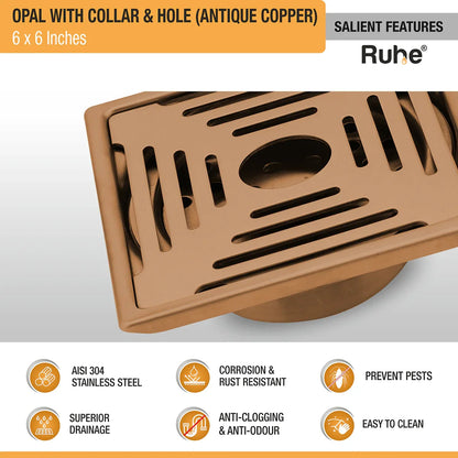 Opal Square Flat Cut Floor Drain in Antique Copper PVD Coating (6 x 6 Inches) with Hole - by Ruhe