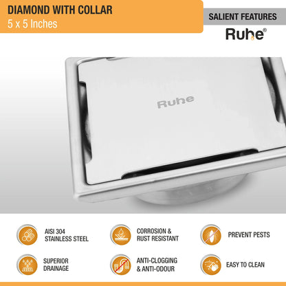 Diamond Floor Drain with Collar Square (5 x 5 Inches) with Cockroach Trap (304 Grade) features