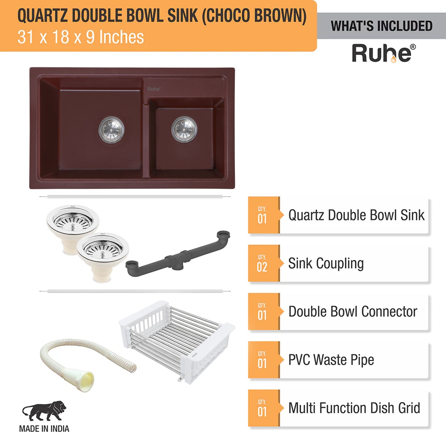 Quartz Double Bowl Kitchen Sink (31 x 18 x 9 Inches)