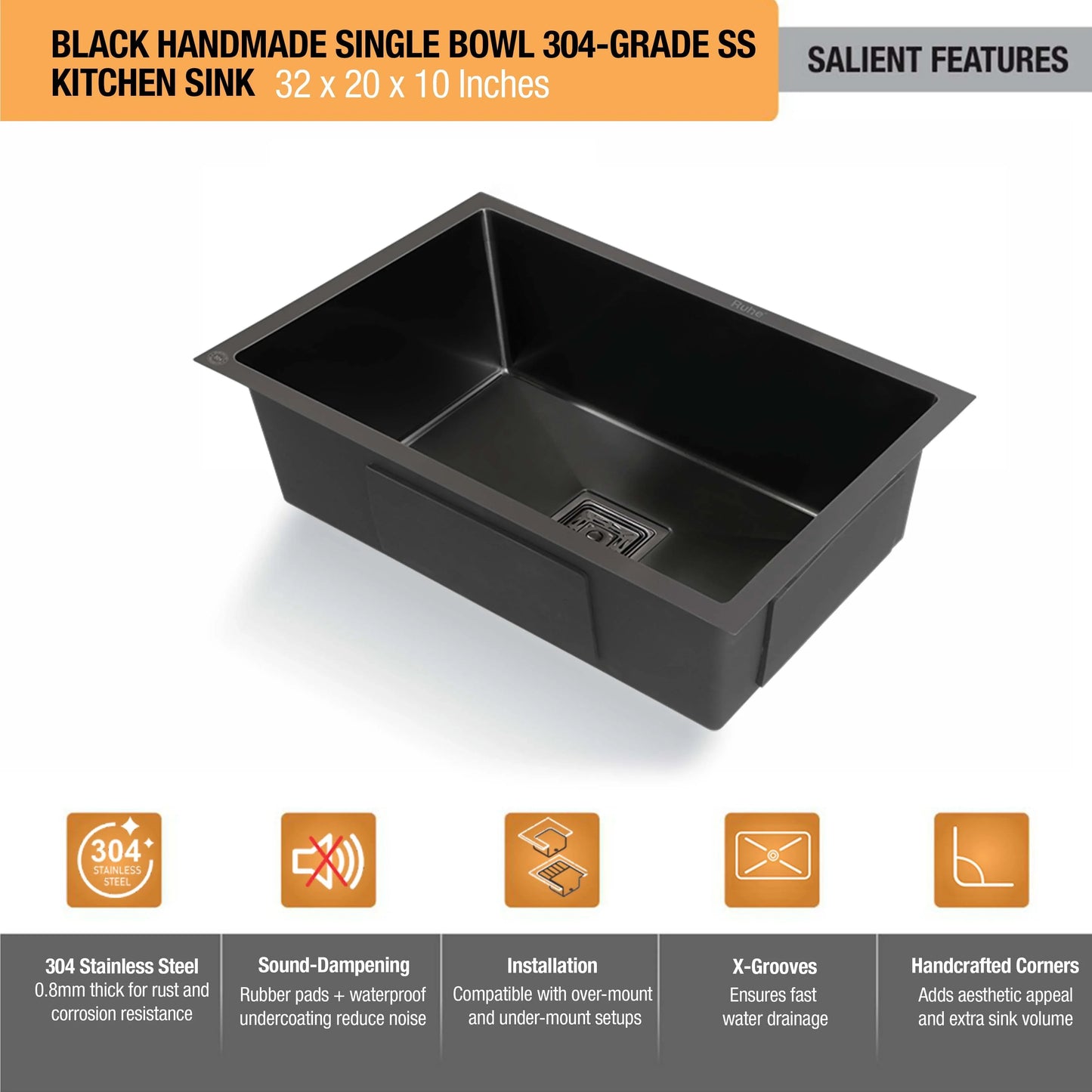 Handmade Single Bowl Kitchen Sink Black (32 x 20 x 10 Inches) (Features)