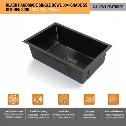 Handmade Single Bowl Kitchen Sink Black (32 x 20 x 10 Inches) (Features)