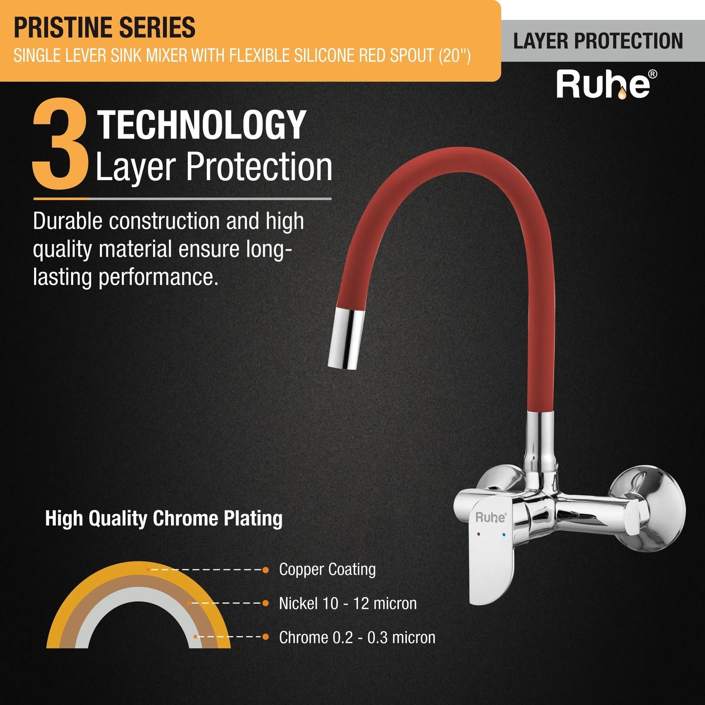 Pristine Single Lever Wall-mount Kitchen Sink Mixer Tap with Red Silicone Spout - by Ruhe