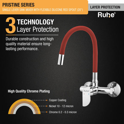 Pristine Single Lever Wall-mount Kitchen Sink Mixer Tap with Red Silicone Spout - by Ruhe