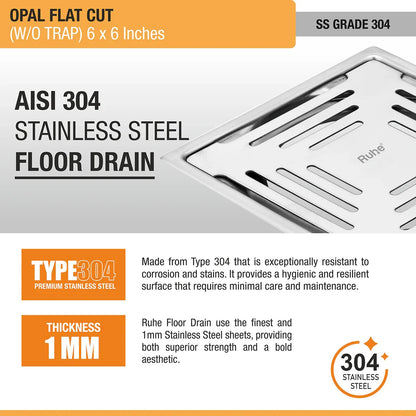 Opal Square Flat Cut 304-Grade Floor Drain (6 x 6 Inches) stainless steel