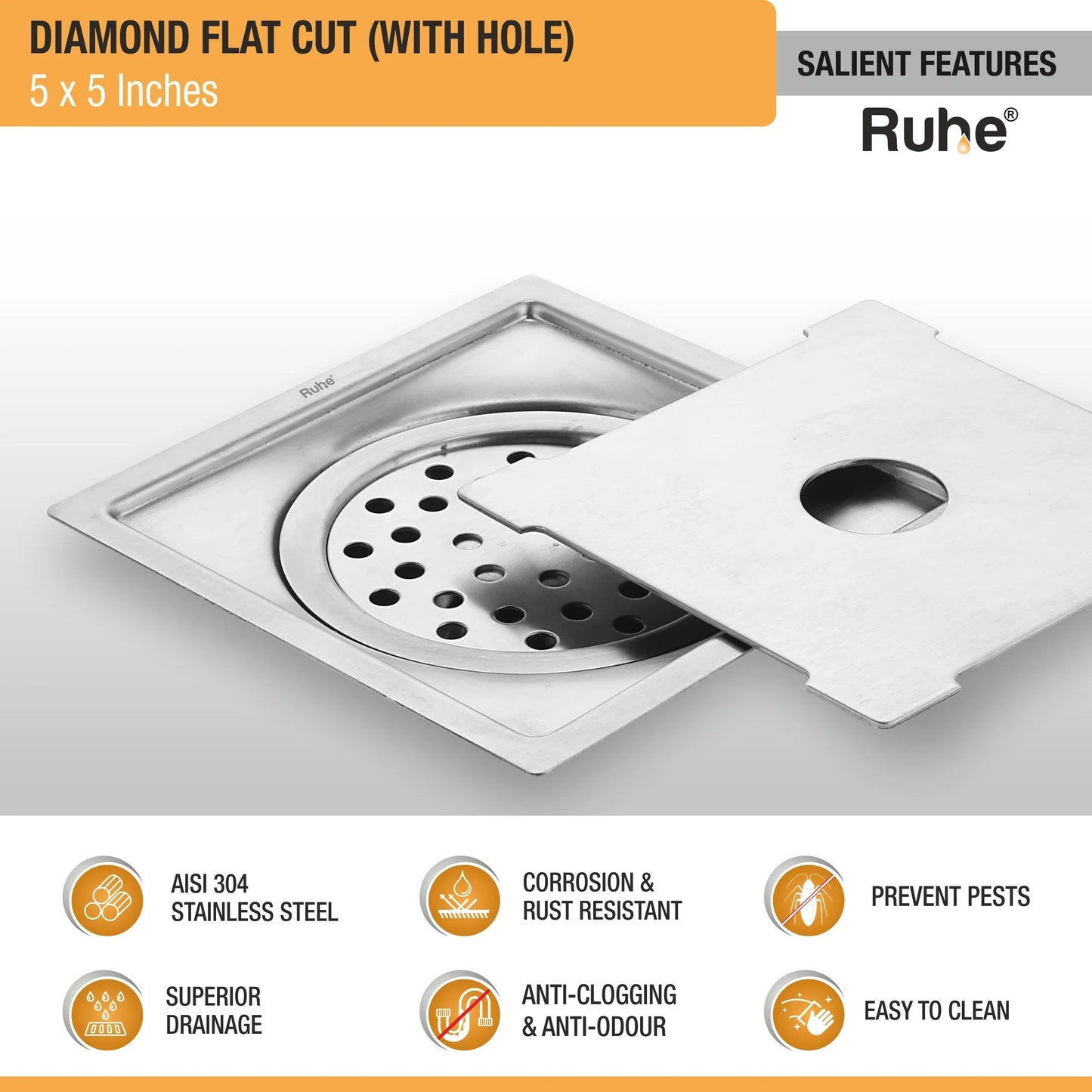 Diamond Floor Drain Square Flat Cut (5 x 5 Inches) with Hole and Cockroach Trap (304 Grade) features