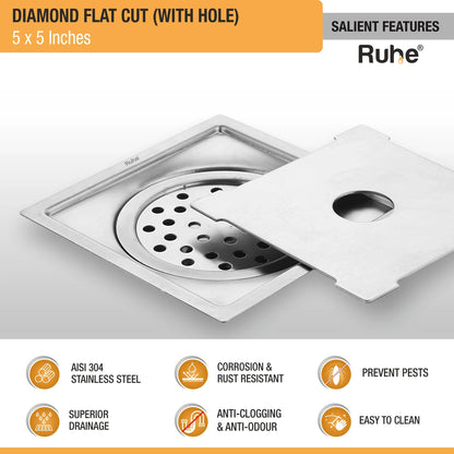 Diamond Floor Drain Square Flat Cut (5 x 5 Inches) with Hole and Cockroach Trap (304 Grade) features