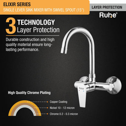 Elixir Single Lever Wall-mount Kitchen Sink Mixer Tap with Medium Swivel Spout (15") - by Ruhe