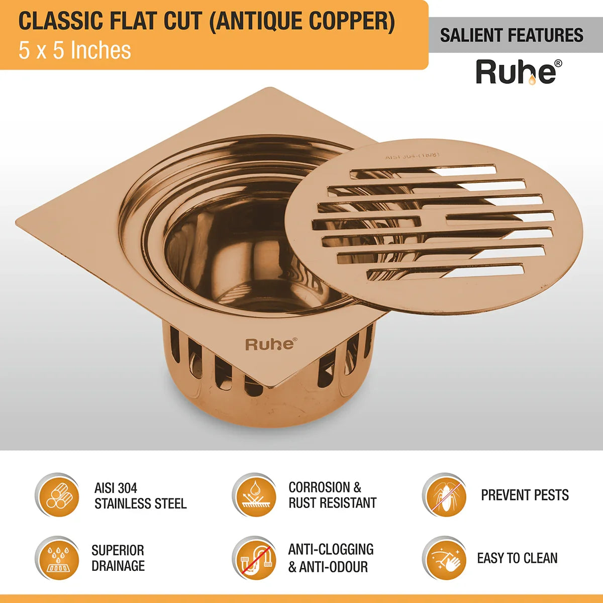 Classic Square Flat Cut Floor Drain in Antique Copper PVD Coating (5 x 5 Inches) features and benefits