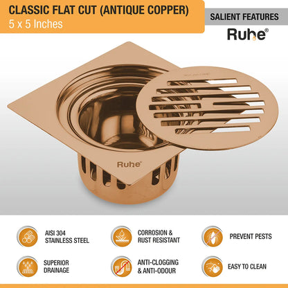 Classic Square Flat Cut Floor Drain in Antique Copper PVD Coating (5 x 5 Inches) features and benefits
