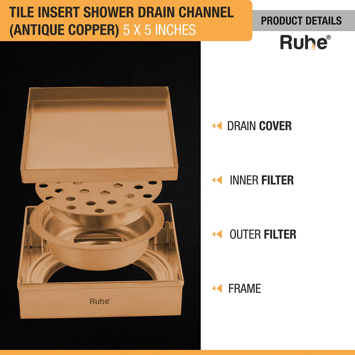 Tile-Insert Shower Drain Channel (4 x 4 Inches)