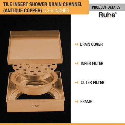 Tile-Insert Shower Drain Channel (4 x 4 Inches)