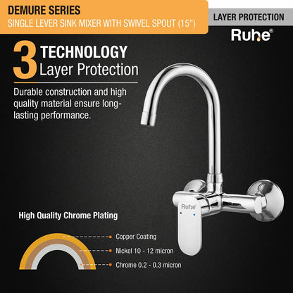Demure Single Lever Wall-mount Kitchen Sink Mixer Tap with Medium Swivel Spout (15") - by Ruhe