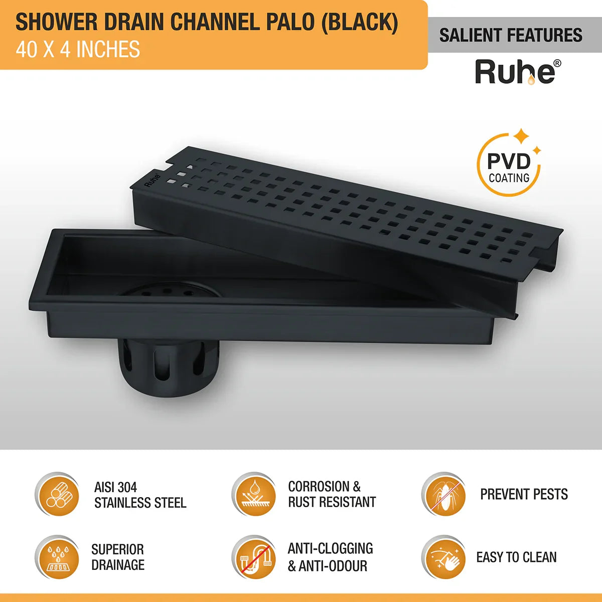 Palo Shower Drain Channel (40 x 4 Inches) Black PVD Coated features and benefits