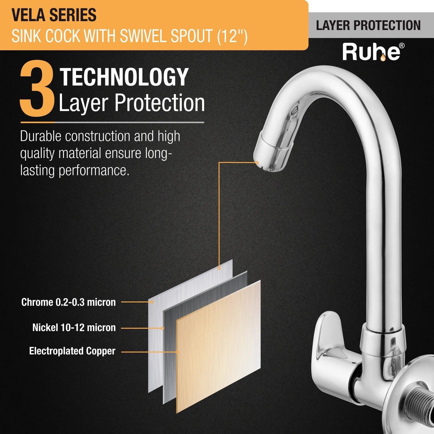 Vela Sink Tap with Small (12 inches) Round Swivel Spout Brass Faucet 3 layer protection