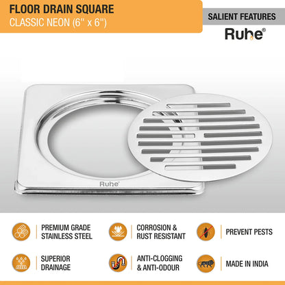 Classic Neon with Collar Square Floor Drain (6 x 6 inches) features