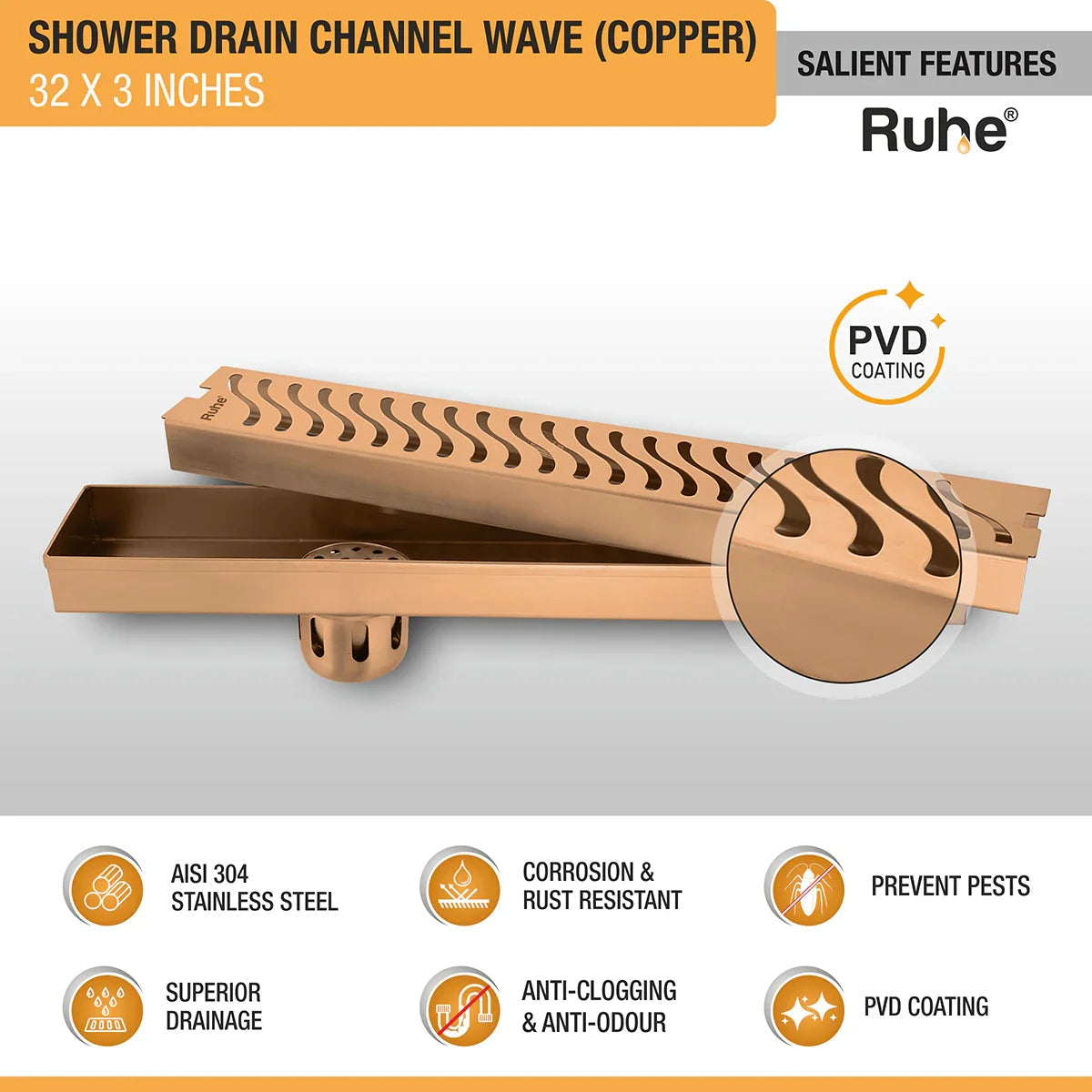 Wave Shower Drain Channel (32 x 3 Inches) Antique Copper PVD Coated - by Ruhe