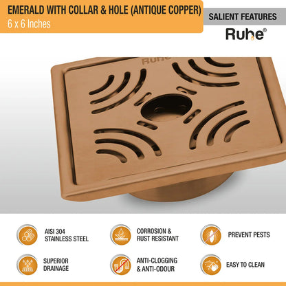 Emerald Square Flat Cut Floor Drain in Antique Copper PVD Coating (6 x 6 Inches) with Hole - by Ruhe
