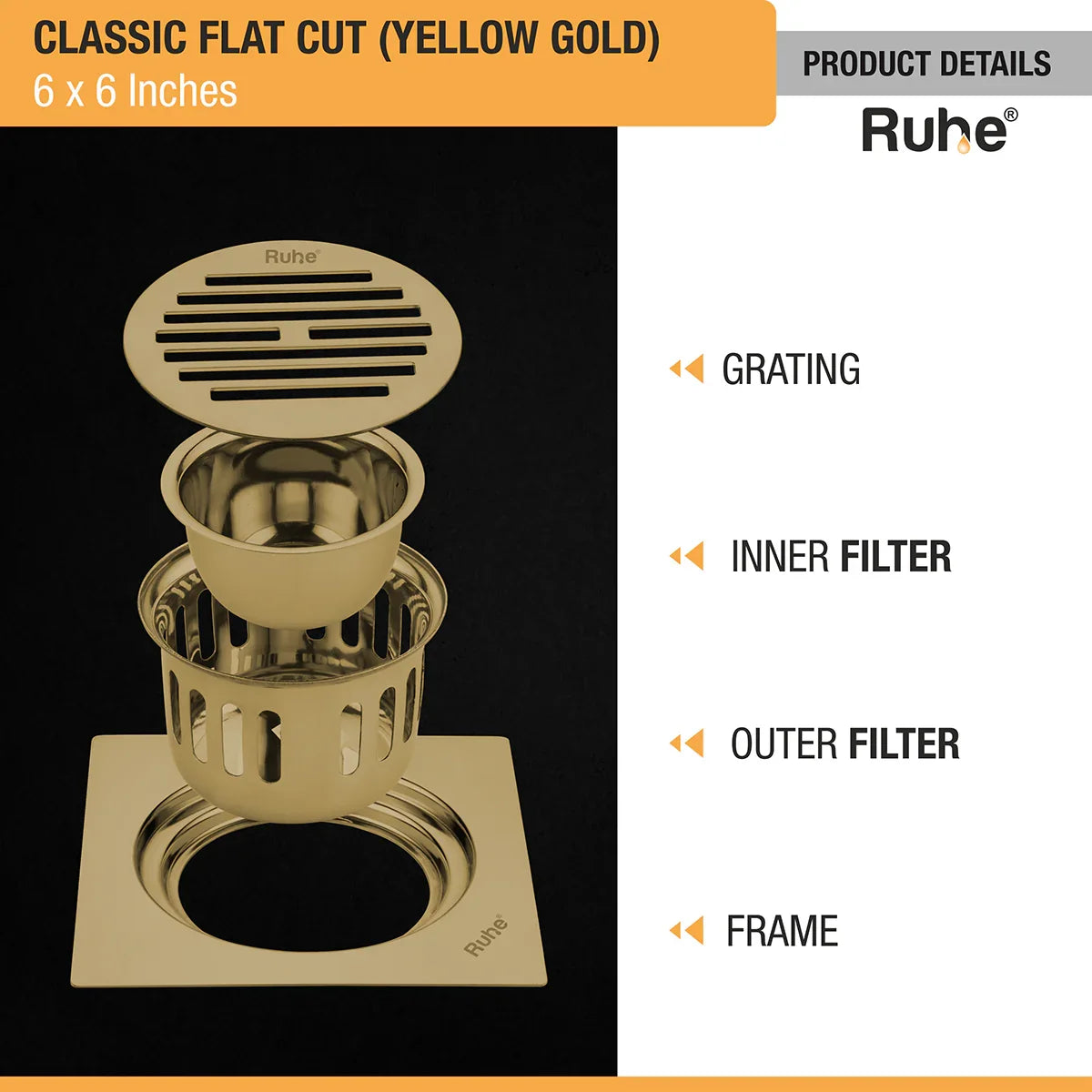 Classic Square Flat Cut Floor Drain in Yellow Gold PVD Coating (6 x 6 Inches) with grating, inner filter, outer filter, and frame