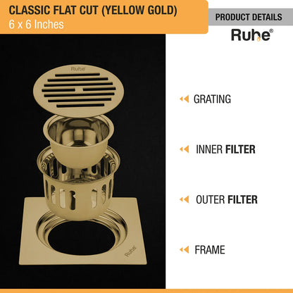 Classic Square Flat Cut Floor Drain in Yellow Gold PVD Coating (6 x 6 Inches) with grating, inner filter, outer filter, and frame