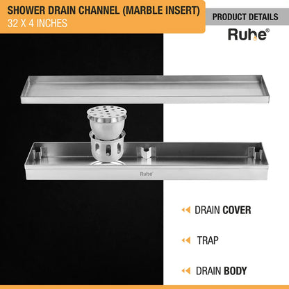 Marble-Insert Shower Drain Channel (4 Inches)