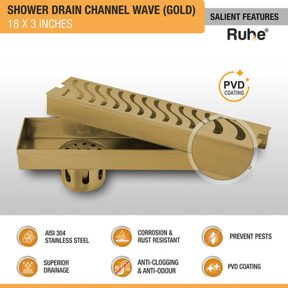 Wave Shower Drain Channel (18 x 3 Inches) YELLOW GOLD features