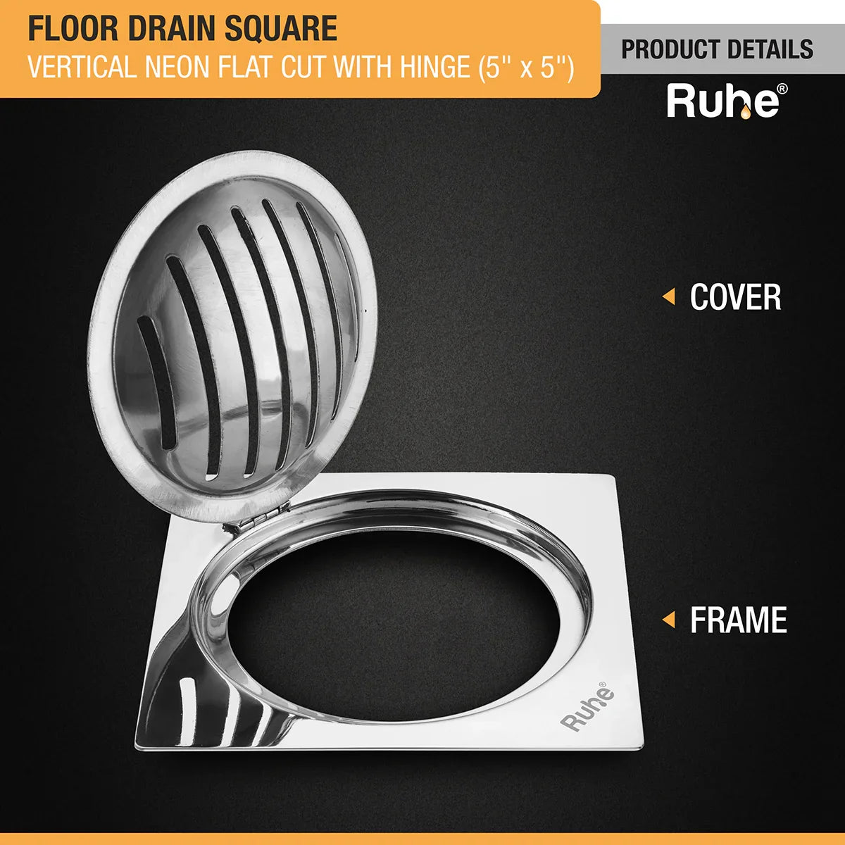 Vertical Neon Square Flat Cut Floor Drain (5 x 5 inches) with Hinged Grating Top product details