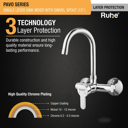 Pavo Single Lever Wall-mount Kitchen Sink Mixer Tap with Medium Swivel Spout (15") - by Ruhe