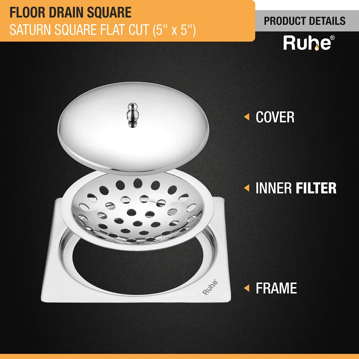 Saturn Square Flat Cut Floor Drain (5 x 5 Inches) with Lid product details
