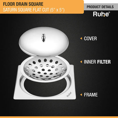Saturn Square Flat Cut Floor Drain (5 x 5 Inches) with Lid product details