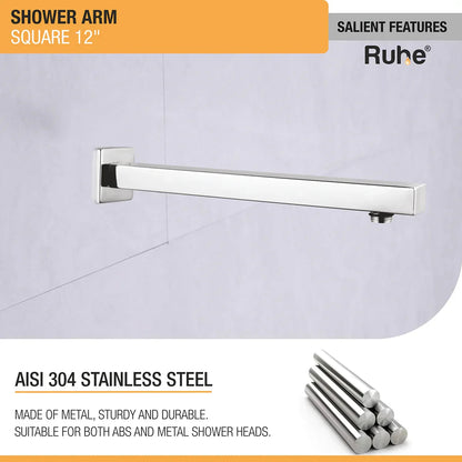 Square 304-Grade Shower Arm (12 Inches) with Flange features and benefits