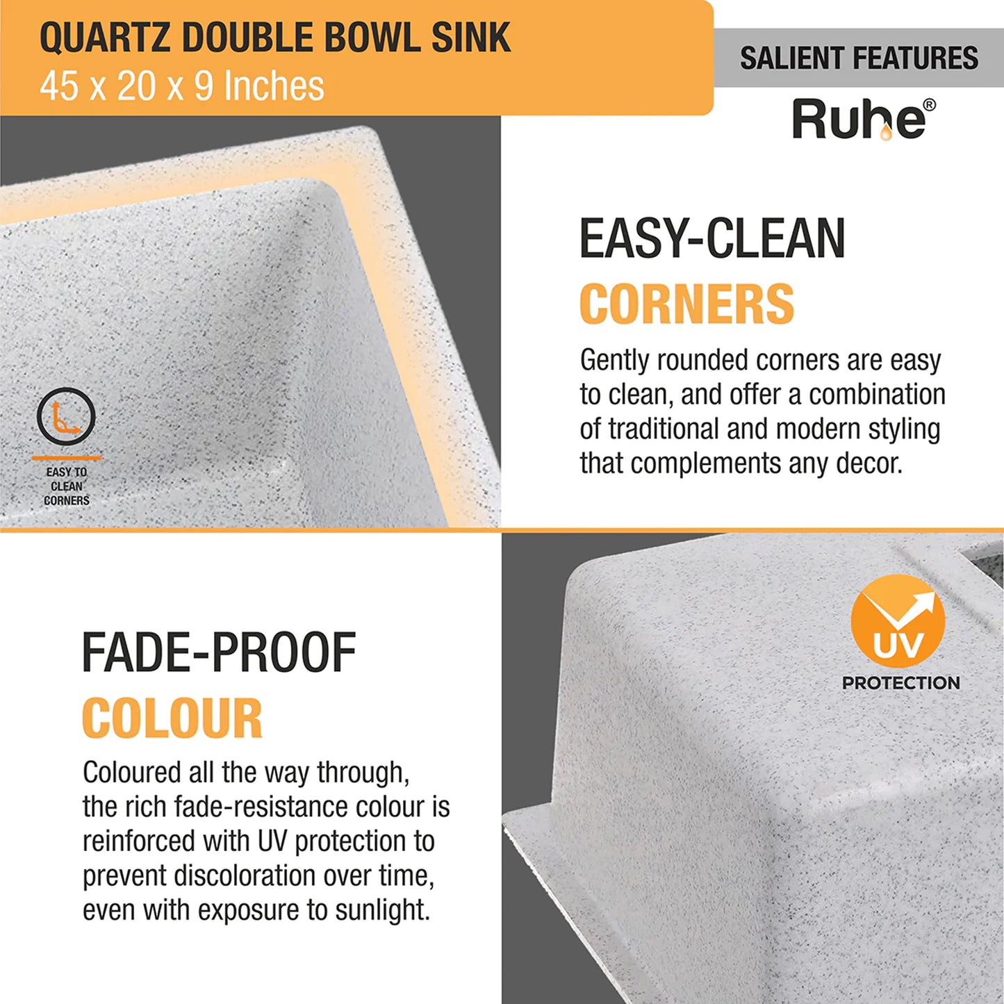 Quartz Double Bowl Kitchen Sink (45 x 20 x 9 inches)