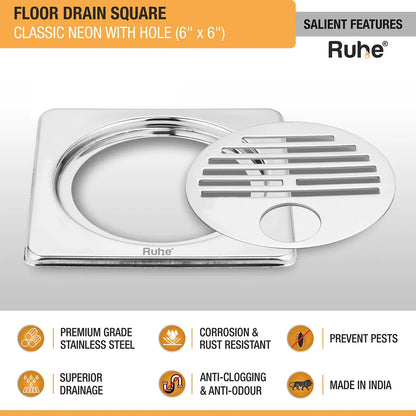 Classic Neon with Collar Square Floor Drain (6 x 6 inches) with Hole features